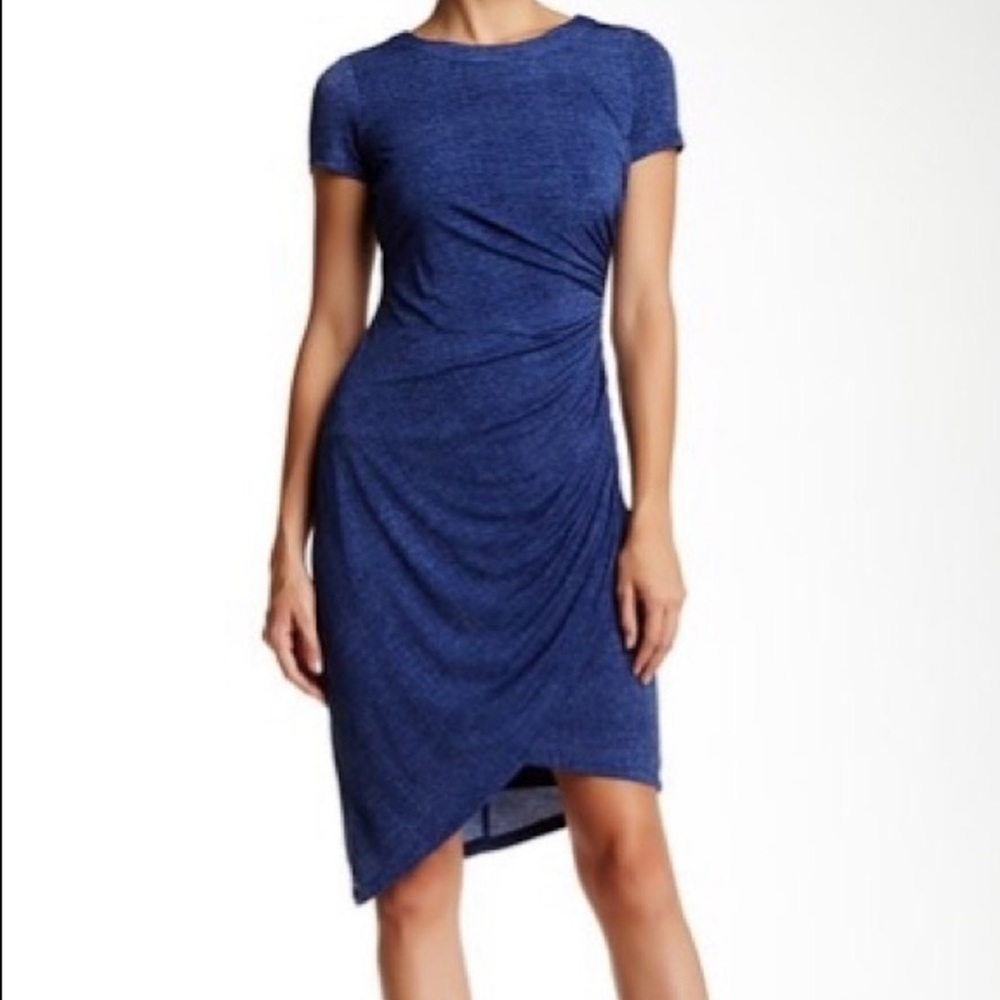 Maggy London Navy Blue Denim Print Ruched Sheath Dress